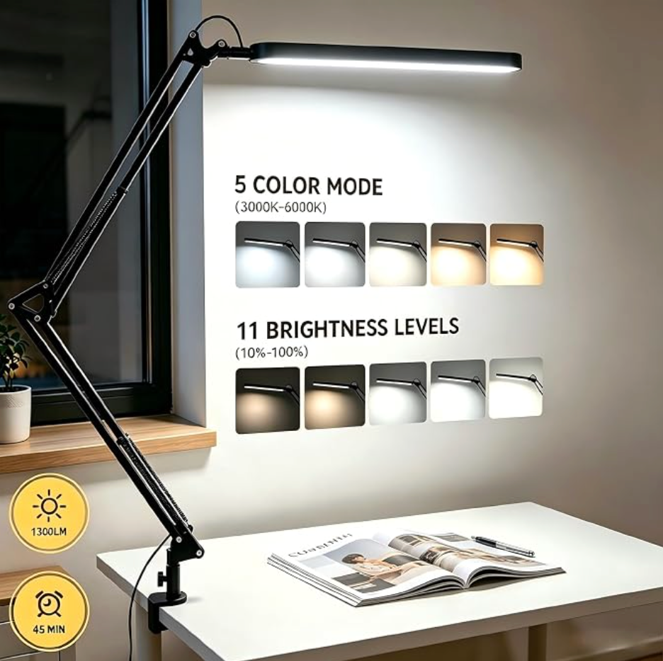 LED Desk Lamp with Clamp - Eye-Caring Desk Light - 5 Color Modes - 11 Brightness Levels - Adjustable Swing Arm