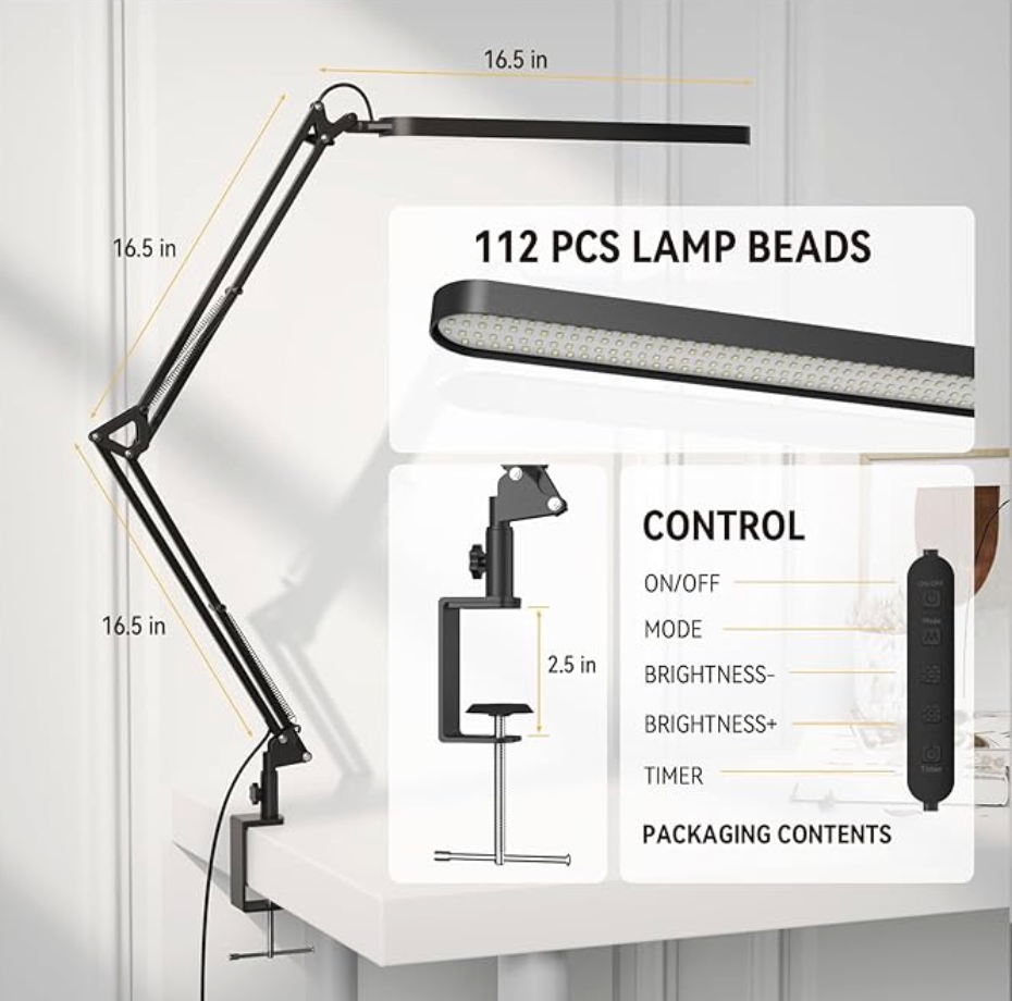 LED Desk Lamp with Clamp - Eye-Caring Desk Light - 5 Color Modes - 11 Brightness Levels - Adjustable Swing Arm