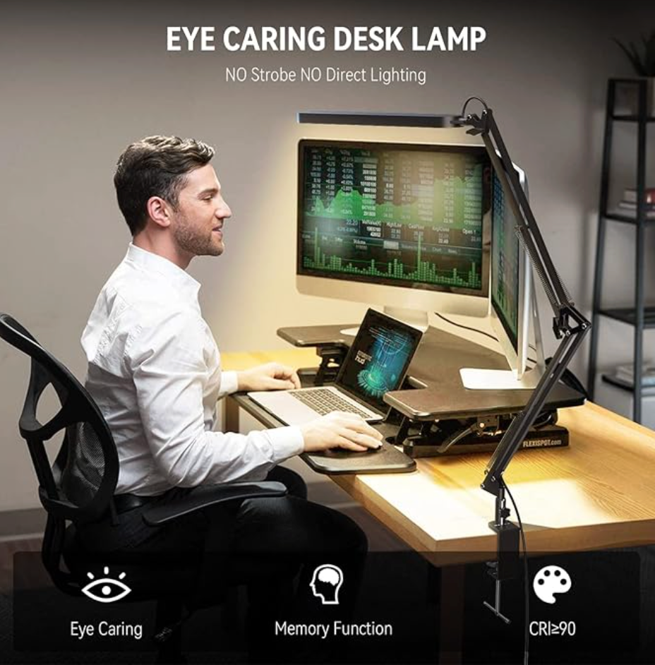 LED Desk Lamp with Clamp - Eye-Caring Desk Light - 5 Color Modes - 11 Brightness Levels - Adjustable Swing Arm