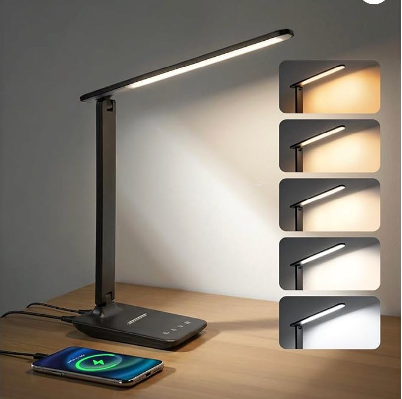 LED Clamp Desk Lamp with Remote Control – Eye-Caring Dimmable Reading Light, 5 Color Modes, 7 Brightness Levels, Adjustable Swing Arm, Timer & USB Charging Port