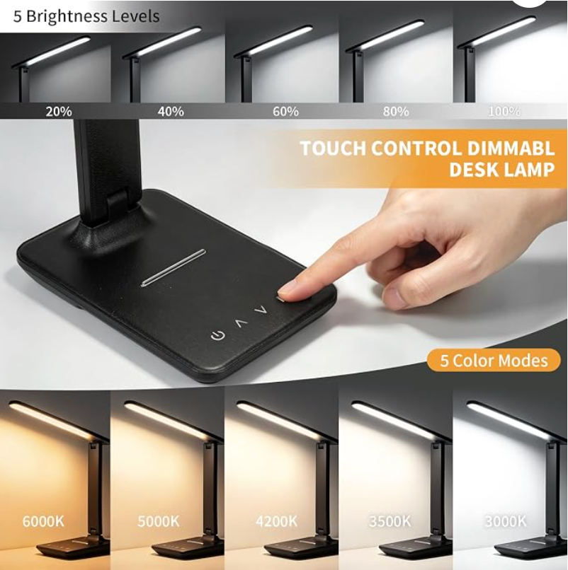 LED Clamp Desk Lamp with Remote Control – Eye-Caring Dimmable Reading Light, 5 Color Modes, 7 Brightness Levels, Adjustable Swing Arm, Timer & USB Charging Port