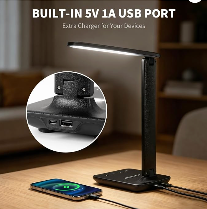 LED Clamp Desk Lamp with Remote Control – Eye-Caring Dimmable Reading Light, 5 Color Modes, 7 Brightness Levels, Adjustable Swing Arm, Timer & USB Charging Port