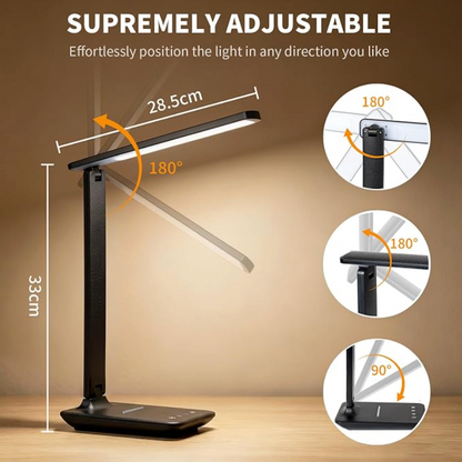 LED Clamp Desk Lamp with Remote Control – Eye-Caring Dimmable Reading Light, 5 Color Modes, 7 Brightness Levels, Adjustable Swing Arm, Timer & USB Charging Port