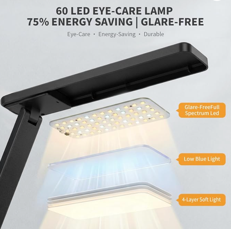 LED Clamp Desk Lamp with Remote Control – Eye-Caring Dimmable Reading Light, 5 Color Modes, 7 Brightness Levels, Adjustable Swing Arm, Timer & USB Charging Port