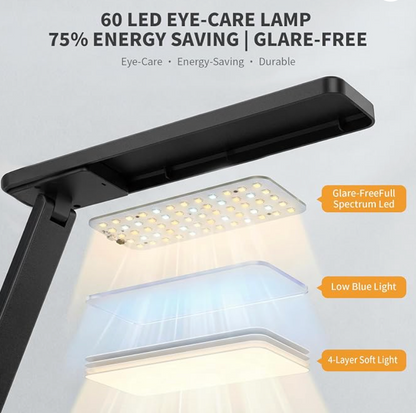 LED Clamp Desk Lamp with Remote Control – Eye-Caring Dimmable Reading Light, 5 Color Modes, 7 Brightness Levels, Adjustable Swing Arm, Timer & USB Charging Port