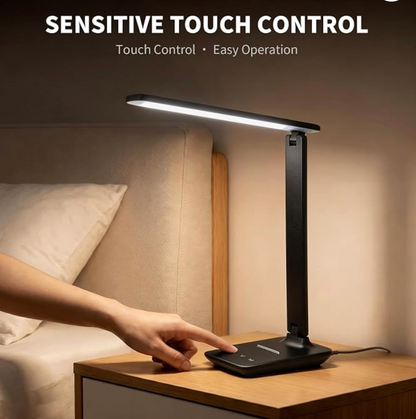 LED Clamp Desk Lamp with Remote Control – Eye-Caring Dimmable Reading Light, 5 Color Modes, 7 Brightness Levels, Adjustable Swing Arm, Timer & USB Charging Port
