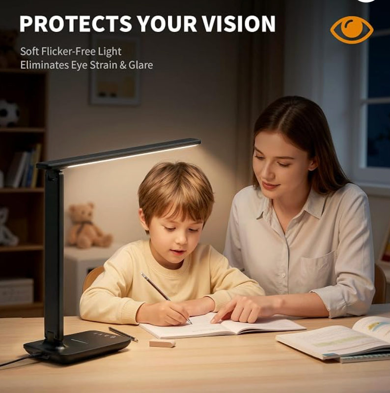 LED Clamp Desk Lamp with Remote Control – Eye-Caring Dimmable Reading Light, 5 Color Modes, 7 Brightness Levels, Adjustable Swing Arm, Timer & USB Charging Port