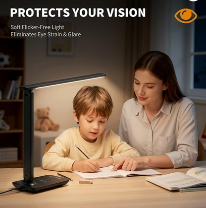 LED Clamp Desk Lamp with Remote Control – Eye-Caring Dimmable Reading Light, 5 Color Modes, 7 Brightness Levels, Adjustable Swing Arm, Timer & USB Charging Port