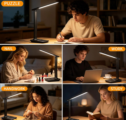 LED Clamp Desk Lamp with Remote Control – Eye-Caring Dimmable Reading Light, 5 Color Modes, 7 Brightness Levels, Adjustable Swing Arm, Timer & USB Charging Port