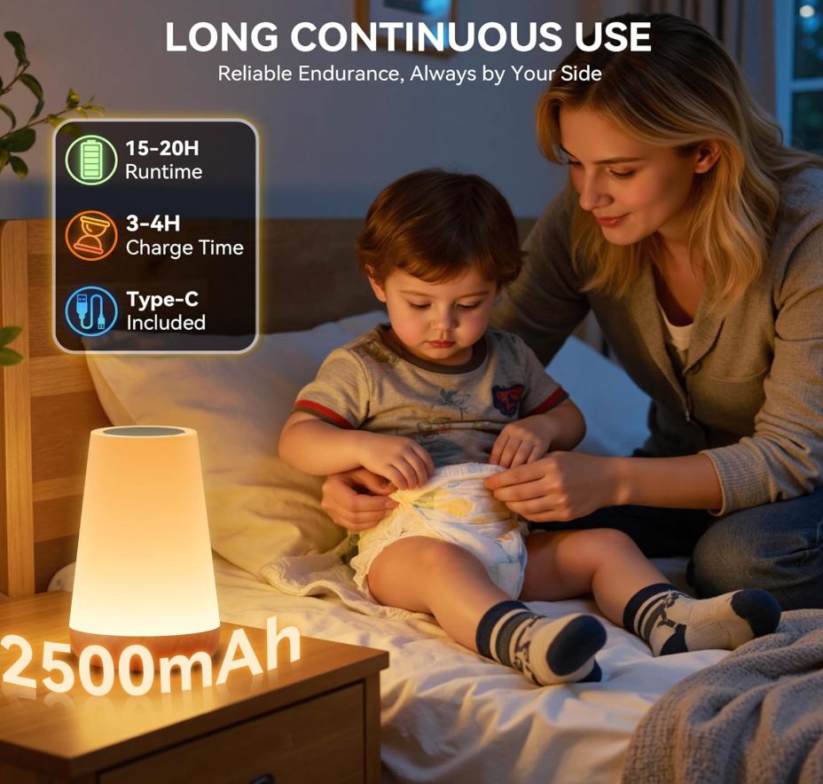 Rechargeable LED Touch Table Lamp – Portable Dimmable Night Light with Color Changing, USB Charging, Eye-Caring Bedside Lamp for Bedroom, Nursery & Home