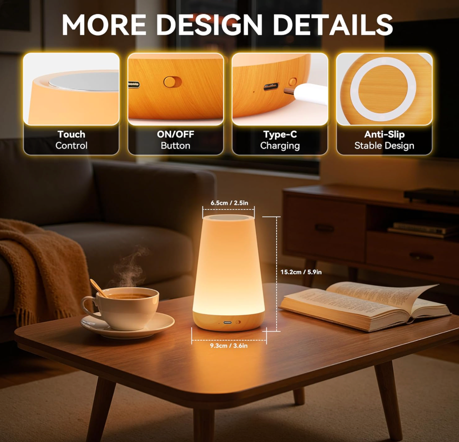 Rechargeable LED Touch Table Lamp – Portable Dimmable Night Light with Color Changing, USB Charging, Eye-Caring Bedside Lamp for Bedroom, Nursery & Home