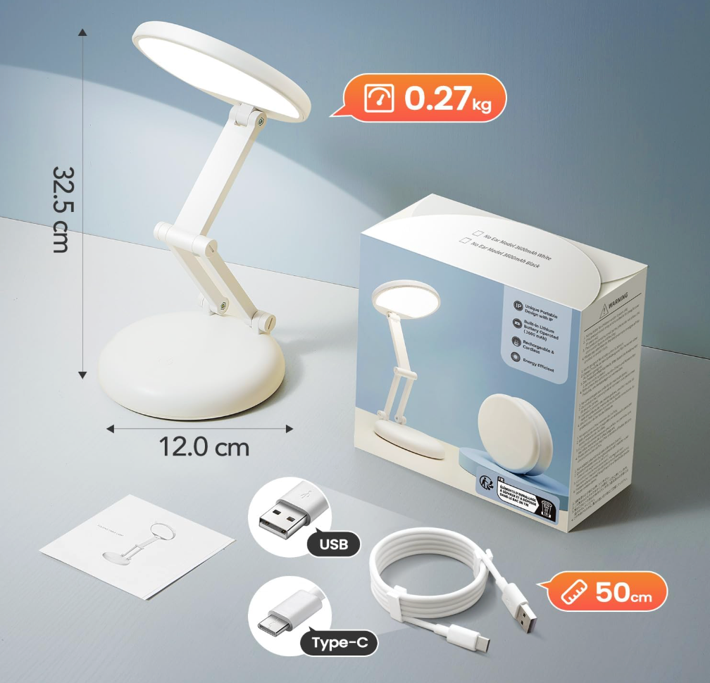 Rechargeable LED Desk Lamp – Portable Dimmable Study Light with Touch Control, Adjustable Brightness, Eye-Caring Reading Lamp for Home Office, Students & Bedroom