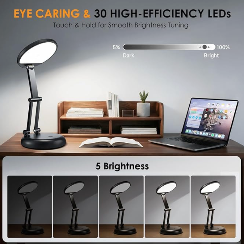 Rechargeable LED Desk Lamp – Portable Dimmable Study Light with Touch Control, Adjustable Brightness, Eye-Caring Reading Lamp for Home Office, Students & Bedroom