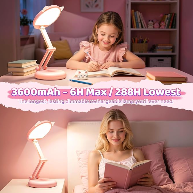 Rechargeable LED Desk Lamp – Portable Dimmable Study Light with Touch Control, Adjustable Brightness, Eye-Caring Reading Lamp for Home Office, Students & Bedroom