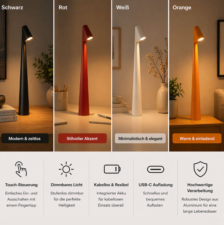 Nordlicht Tischlampe - Kabellose Nachttischlampe und Leselampe mit Akku