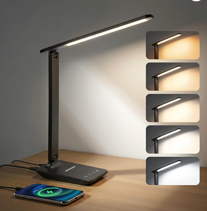 LED Clamp Desk Lamp with Remote Control – Eye-Caring Dimmable Reading Light, 5 Color Modes, 7 Brightness Levels, Adjustable Swing Arm, Timer & USB Charging Port
