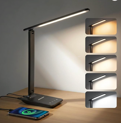 LED Clamp Desk Lamp with Remote Control – Eye-Caring Dimmable Reading Light, 5 Color Modes, 7 Brightness Levels, Adjustable Swing Arm, Timer & USB Charging Port