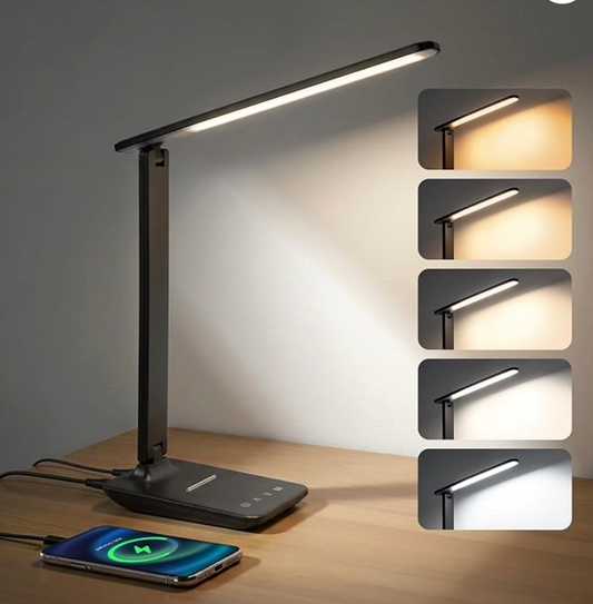 LED Clamp Desk Lamp with Remote Control – Eye-Caring Dimmable Reading Light, 5 Color Modes, 7 Brightness Levels, Adjustable Swing Arm, Timer & USB Charging Port