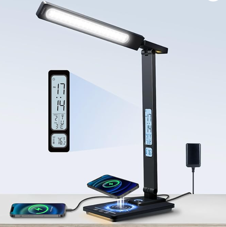 LED Clamp Desk Lamp with Remote Control – Eye-Caring Dimmable Reading Light, 5 Color Modes, 7 Brightness Levels, Adjustable Swing Arm, Timer & USB Charging Port
