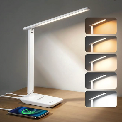 LED Clamp Desk Lamp with Remote Control – Eye-Caring Dimmable Reading Light, 5 Color Modes, 7 Brightness Levels, Adjustable Swing Arm, Timer & USB Charging Port