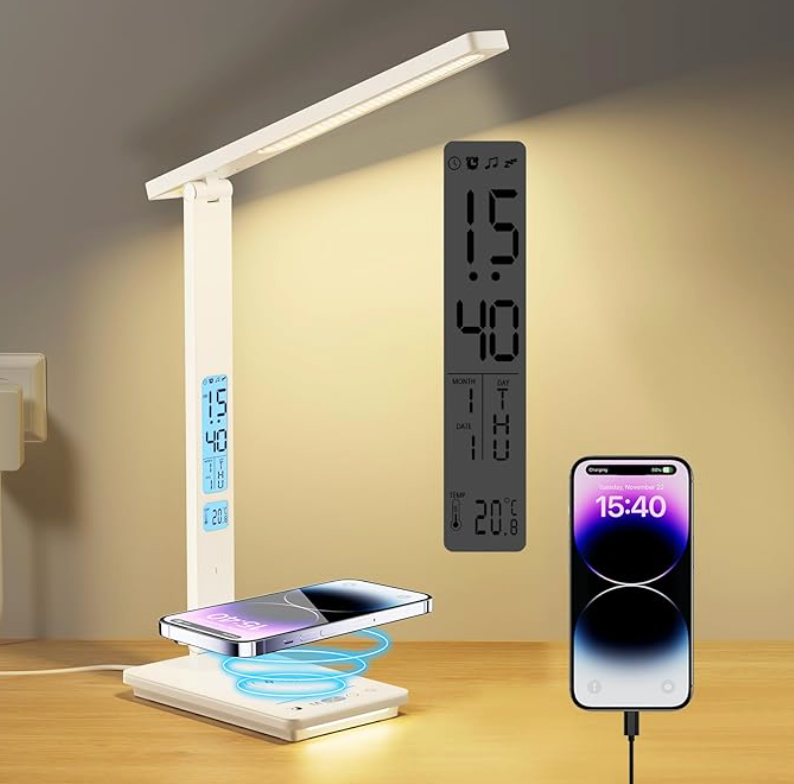 LED Clamp Desk Lamp with Remote Control – Eye-Caring Dimmable Reading Light, 5 Color Modes, 7 Brightness Levels, Adjustable Swing Arm, Timer & USB Charging Port